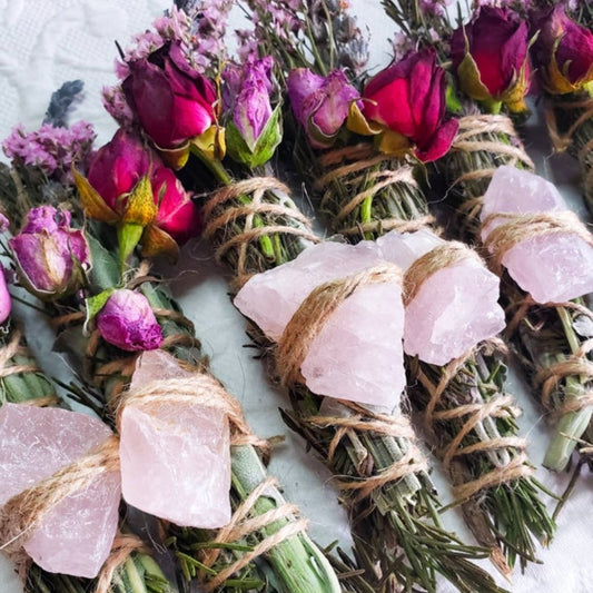 ROSE QUARTZ, ROSEMARY, LAVENDER SAGE SMUDGE STICK