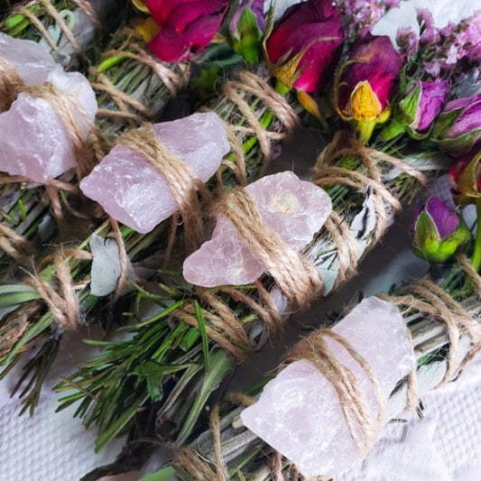 ROSE QUARTZ, ROSEMARY, LAVENDER SAGE SMUDGE STICK